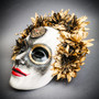 Golden Sunflower Día de los Muertos Mask – Handcrafted White & Gold Sugar Skull Masquerade Mask
