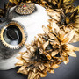 Golden Sunflower Día de los Muertos Mask – Handcrafted White & Gold Sugar Skull Masquerade Mask