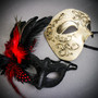 Silver Phantom Half Face Mask & Black & Red Venetian Eye Mask Couple Mask Set