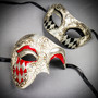 White & Red Venetian Phantom Mask & White & Silver Venetian Eye Mask Couple Mask Set