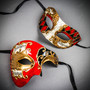 Red & Black Venetian Bauta Mask & Gold & Red Venetian Eye Mask Couple Mask Set
