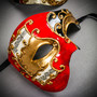 Red & Black Venetian Bauta Mask & Gold & Red Venetian Eye Mask Couple Mask Set
