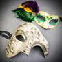 Silver Phantom Half Face Mask & Green & Yellow Masquerade Mask Couple Mask Set