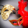 Gold Phantom Half Face Mask & Gold & Red Glitter Feather Eye Mask Couple Mask Set