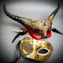 White & Gold Venetian Eye Mask & Red & Black Horned Devil Eye Mask Couple Mask Set