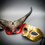 White & Gold Venetian Eye Mask & Red & Black Horned Devil Eye Mask Couple Mask Set