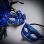 Blue Feather Venetian Mask & Blue Masquerade Mask Couple Mask Set