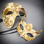Gold Phantom Half Face Mask & White & Gold Venetian Eye Mask Couple Mask Set