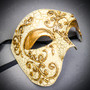 Gold Phantom Half Face Mask & Purple & Yellow Glitter Feather Eye Mask Couple Mask Set