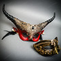 Black & Gold Venetian Jester Mask & Red & Black Horned Devil Eye Mask Couple Mask Set