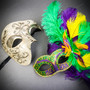 Silver Phantom Half Face Mask & Purple & Yellow Glitter Feather Eye Mask Couple Mask Set