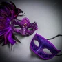 Purple Feather Venetian Mask & Purple Masquerade Mask Couple Mask Set