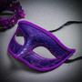 Purple Feather Venetian Mask & Purple Masquerade Mask Couple Mask Set