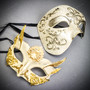 Silver Phantom Half Face Mask & White & Gold Venetian Eye Mask Couple Mask Set