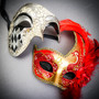 White & Silver Venetian Phantom Mask & Gold & Red Feather Eye Mask Couple Mask Set