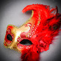 White & Silver Venetian Phantom Mask & Gold & Red Feather Eye Mask Couple Mask Set