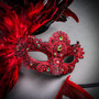 Red Feather Venetian Mask & Red Masquerade Mask Couple Mask Set