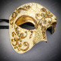 Gold Phantom Half Face Mask & Gold & Green Feather Eye Mask Couple Mask Set