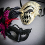 White & Silver Venetian Phantom Mask & Hot Pink Masquerade Mask Couple Mask Set