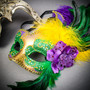 Silver Phantom Half Face Mask & Gold & Green Feather Eye Mask Couple Mask Set