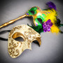 Gold Phantom Half Face Mask & Gold & Green Feather Eye Mask Couple Mask Set