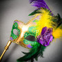 Gold Phantom Half Face Mask & Gold & Green Feather Eye Mask Couple Mask Set