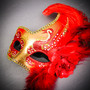 Silver Phantom Half Face Mask & Gold & Red Feather Eye Mask Couple Mask Set