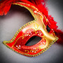 Silver Phantom Half Face Mask & Gold & Red Feather Eye Mask Couple Mask Set