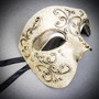 Silver Phantom Half Face Mask & Gold & Red Feather Eye Mask Couple Mask Set