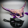 Purple Elegant Horned Eye Mask & Black Glitter Half Face Mask Couple Masquerade Set