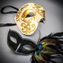 Gold Phantom Half Face & Black Peacock Feather Eye Mask Masquerade Mask Couple Mask Set