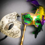 Silver Venetian Phantom of the Opera & Gold & Handheld Stick Feather Mardi Gras Eye Mask Couple Masquerade Set