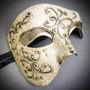 Silver Venetian Phantom of the Opera & Gold & Handheld Stick Feather Mardi Gras Eye Mask Couple Masquerade Set