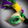 Silver Venetian Phantom of the Opera & Gold & Handheld Stick Feather Mardi Gras Eye Mask Couple Masquerade Set