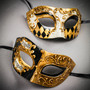 Gold Classical Venetian Musical & Harlequin Eye Mask Couple Masquerade Set