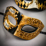 Gold Classical Venetian Musical & Harlequin Eye Mask Couple Masquerade Set