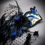 Gold Phantom Venetian Half Face Mask & Black Blue Feather Venetian Eye Mask Couple Masquerade Set