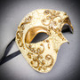 Gold Phantom Venetian Half Face Mask & Black Blue Feather Venetian Eye Mask Couple Masquerade Set