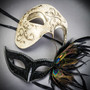 Silver Phantom Half Face & Black Peacock Feather Eye Mask Masquerade Mask Couple Mask Set