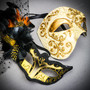Gold Phantom Venetian Half Face Mask & Feather Venetian Eye Mask Couple Masquerade Set