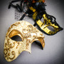 Gold Phantom Venetian Half Face Mask & Feather Venetian Eye Mask Couple Masquerade Set