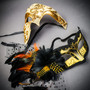 Gold Phantom Venetian Half Face Mask & Feather Venetian Eye Mask Couple Masquerade Set