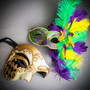 White Gold Venetian Phantom Mask & Mardi Gras Side Feather Eye Mask Masquerade Couple Mask Set