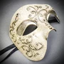 Silver Phantom Half Face Mask & Blue Black Feather Venetian Eye Mask Couple Mask Set