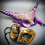 Black Gold Venetian Eye Mask & Black Purple Horned Devil Eye Mask Couple Mask Set
