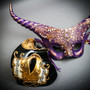 Fantasy Purple Horned Eye Mask & Gold Black Phantom of the Opera Musical Masquerade Mask Set