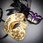 Gold Phantom Venetian Half Face Mask & Black Purple Feather Venetian Eye Mask Couple Masquerade Set