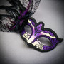 Gold Phantom Venetian Half Face Mask & Black Purple Feather Venetian Eye Mask Couple Masquerade Set