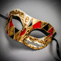 Silver Red Venetian Phantom of the Opera & Gold Red Harlequin Half Face Eye Mask Couple Masquerade Set