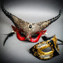 Black Gold Venetian Half Face Mask & Red Horned Devil Eye Mask Couple Masquerade Set